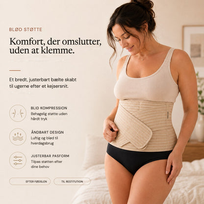 Woman wearing the tan Relievoo postpartum belly band above a caesarean scar rvpumpen rvhasar