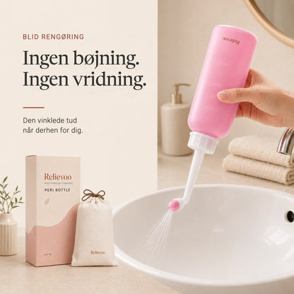 The Relievoo peri bottle in use with its box and travel pouch on a bathroom counter rvpumpen rvhasar