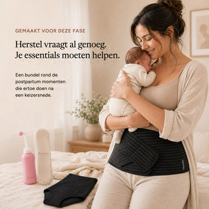 Mother holding her newborn while wearing the Relievoo belly band, with the bundle items beside her rvpumpen rvhasar