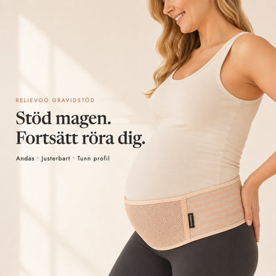 Pregnant woman wearing the tan Relievoo pregnancy support belt under her bump, breathable adjustable low-profile rvpumpen rvhasar