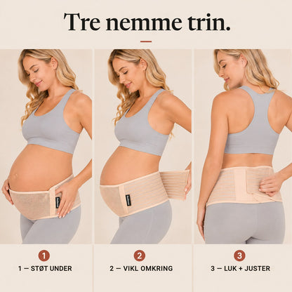 Three steps to put the Relievoo pregnancy support belt on: support under, wrap around, secure and adjust rvpumpen rvhasar