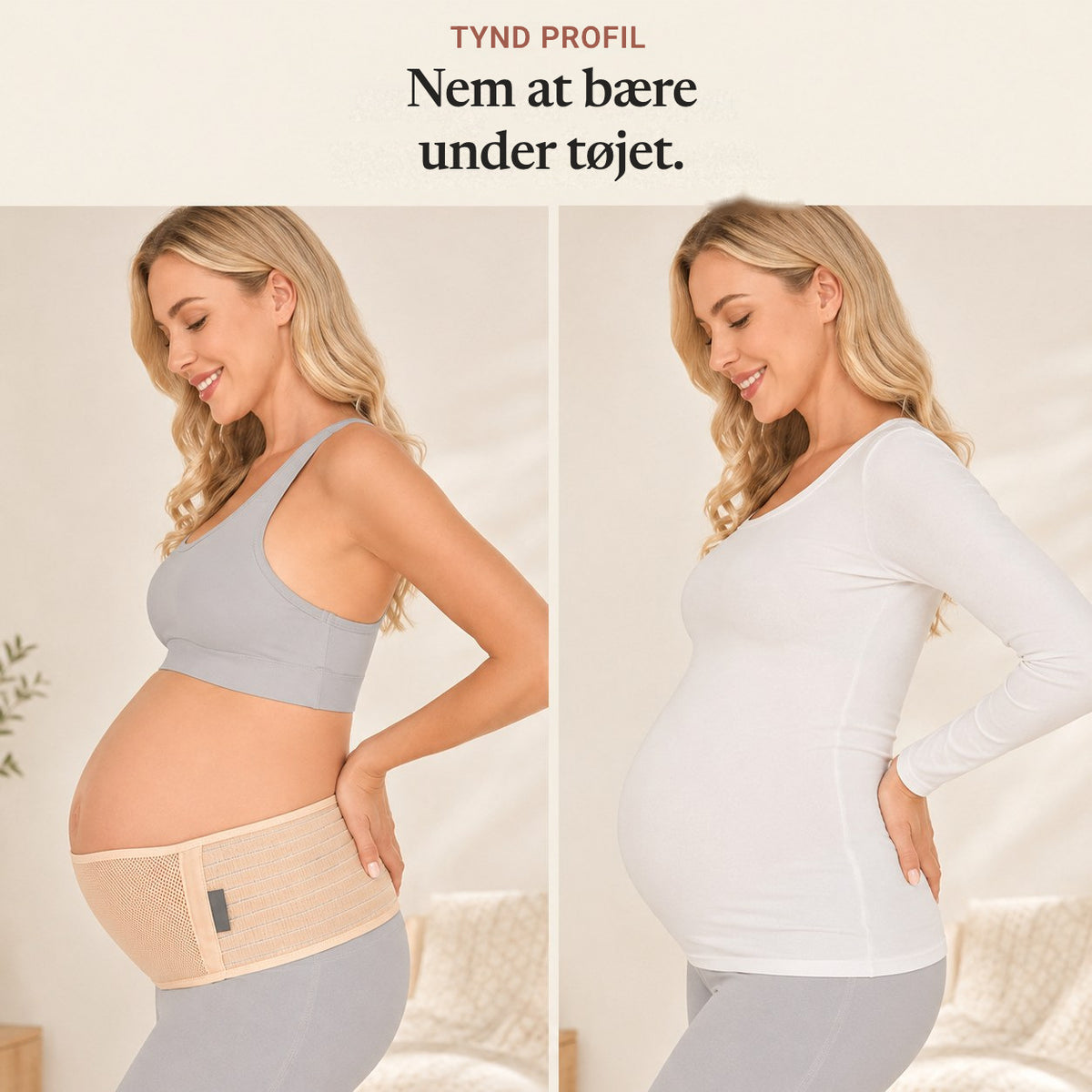 The Relievoo pregnancy support belt worn on the skin and then hidden under a long sleeve top rvpumpen rvhasar