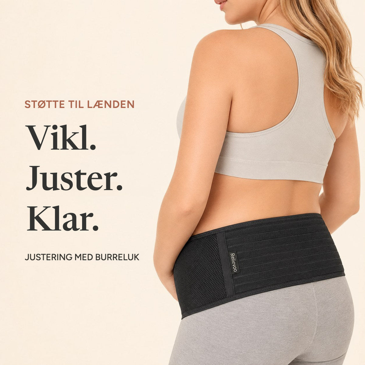 Back view of the black Relievoo pregnancy support belt showing the hook and loop adjustment rvpumpen rvhasar