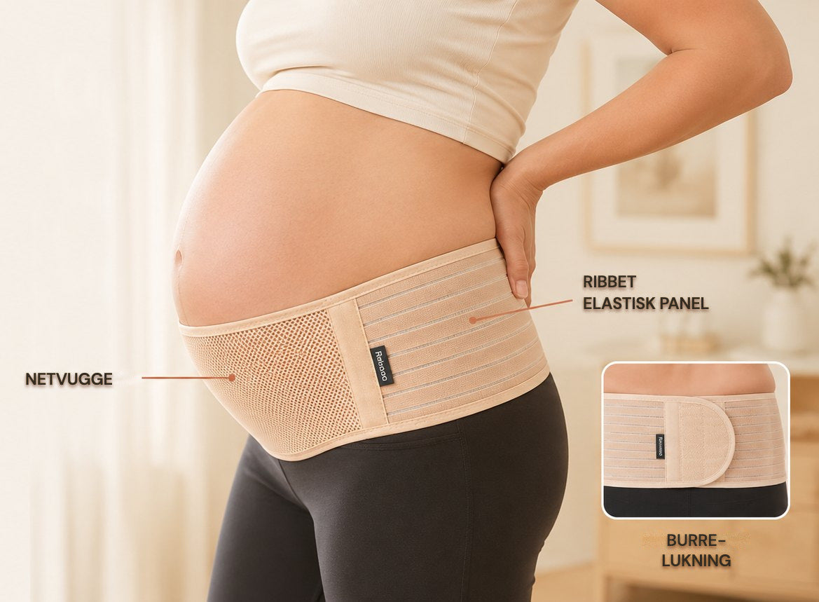 Relievoo pregnancy support belt labelled with its mesh cradle, ribbed elastic panel and hook and loop closure