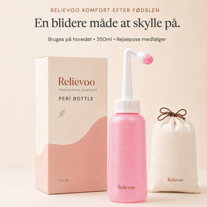Relievoo postpartum peri bottle with its 350 ml box and cotton travel pouch on a cream background rvpumpen rvhasar