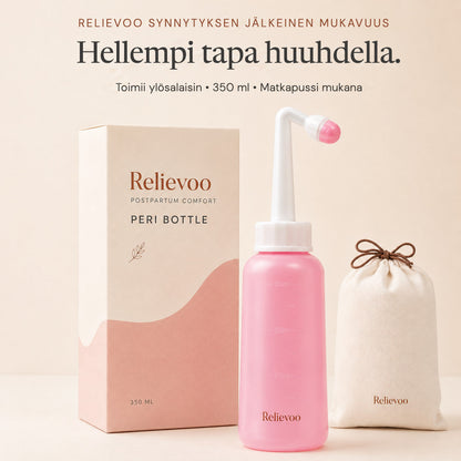 Relievoo postpartum peri bottle with its 350 ml box and cotton travel pouch on a cream background rvpumpen rvhasar
