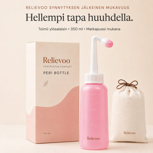 Relievoo postpartum peri bottle with its 350 ml box and cotton travel pouch on a cream background rvpumpen rvhasar