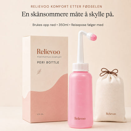Relievoo postpartum peri bottle with its 350 ml box and cotton travel pouch on a cream background rvpumpen rvhasar