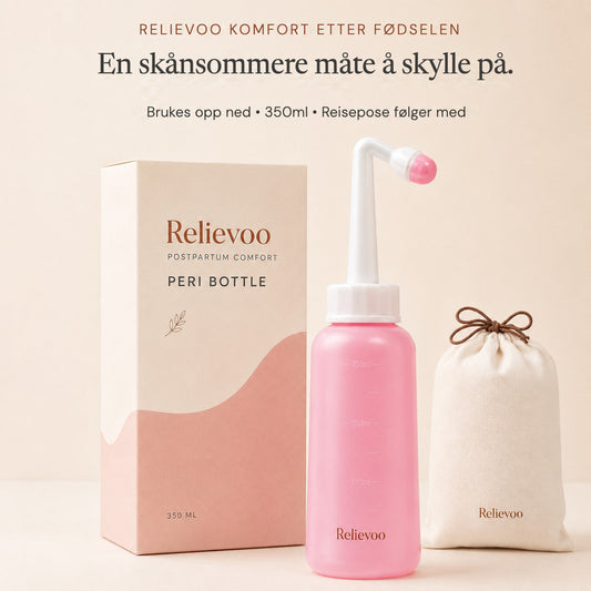 Relievoo postpartum peri bottle with its 350 ml box and cotton travel pouch on a cream background rvpumpen rvhasar