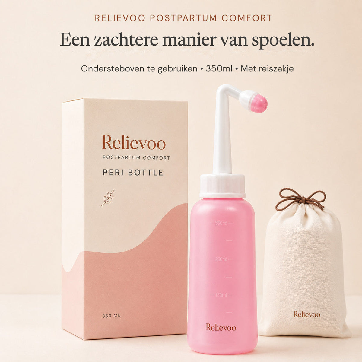 Relievoo postpartum peri bottle with its 350 ml box and cotton travel pouch on a cream background rvpumpen rvhasar