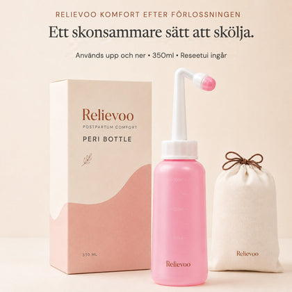 Relievoo postpartum peri bottle with its 350 ml box and cotton travel pouch on a cream background rvpumpen rvhasar