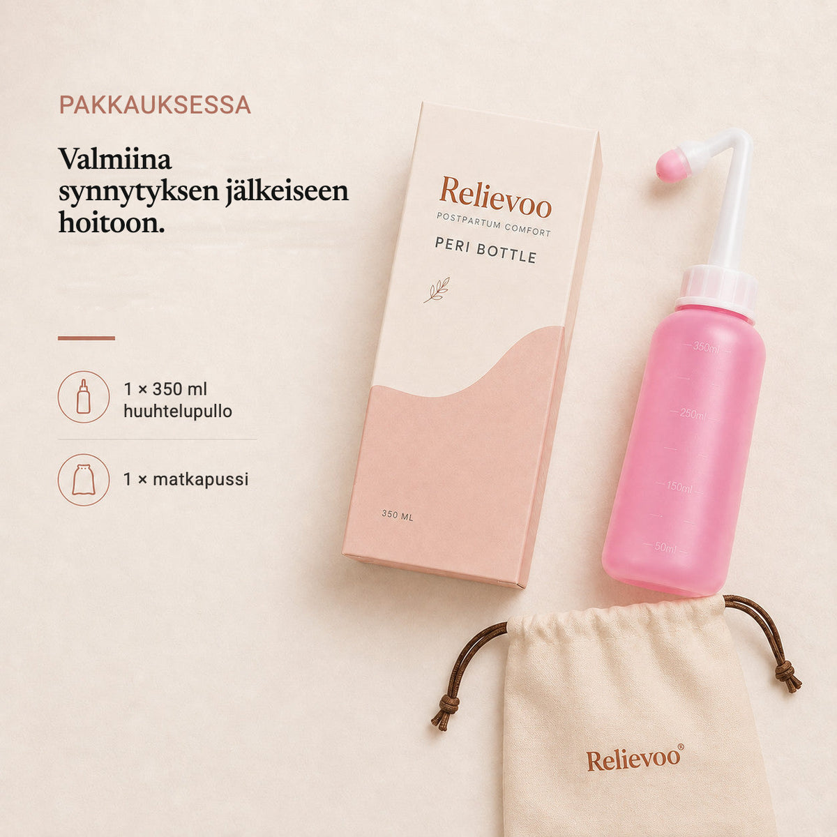What is in the box: one 350 ml Relievoo peri bottle and one travel pouch, shown with the packaging rvpumpen rvhasar