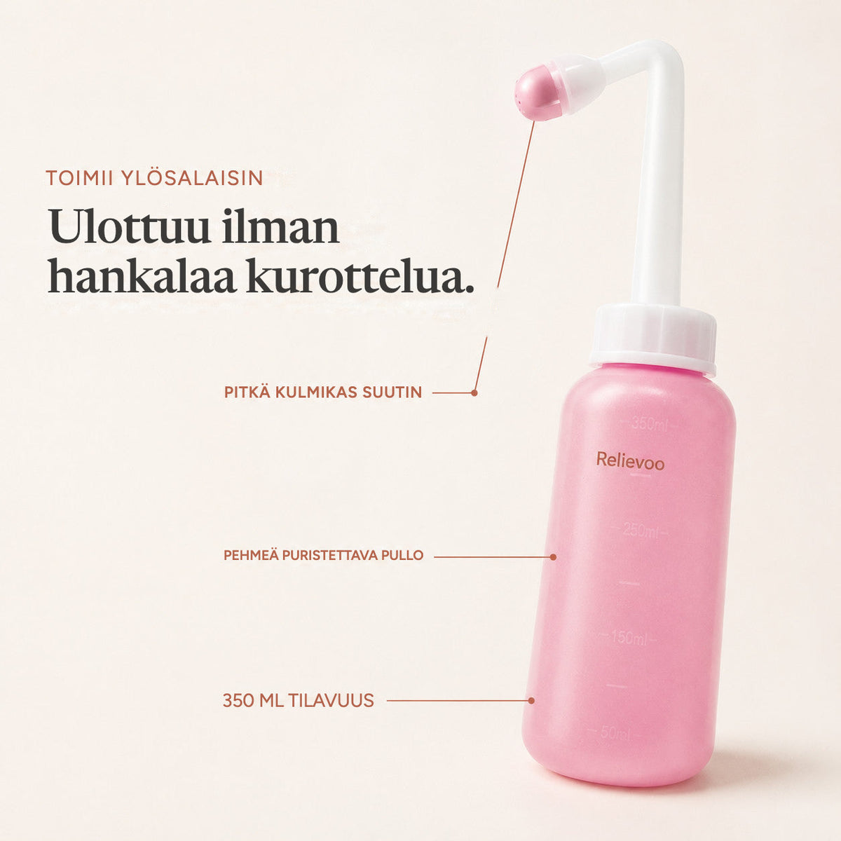 Relievoo peri bottle labelled with its long angled nozzle, soft squeeze bottle and 350 ml capacity rvpumpen rvhasar