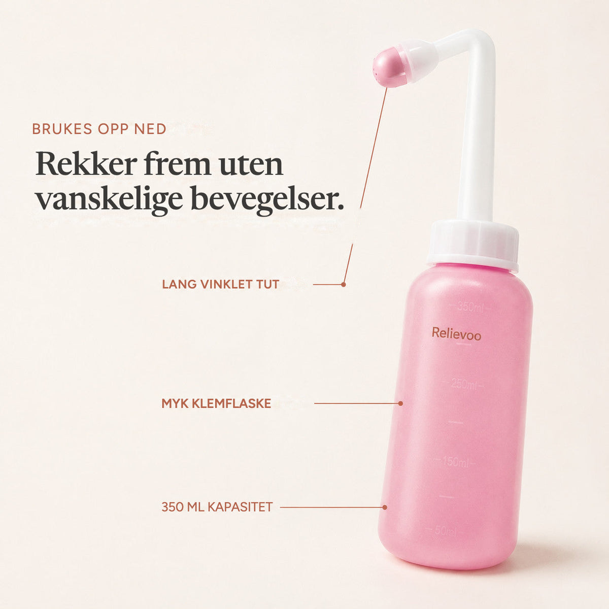 Relievoo peri bottle labelled with its long angled nozzle, soft squeeze bottle and 350 ml capacity rvpumpen rvhasar