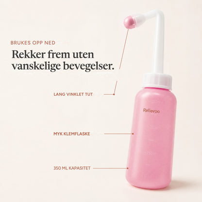 Relievoo peri bottle labelled with its long angled nozzle, soft squeeze bottle and 350 ml capacity rvpumpen rvhasar