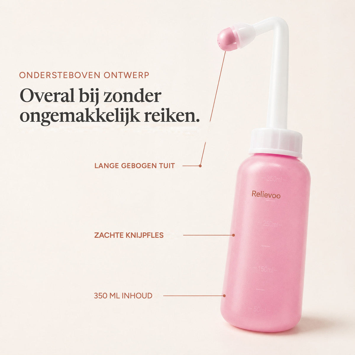 Relievoo peri bottle labelled with its long angled nozzle, soft squeeze bottle and 350 ml capacity rvpumpen rvhasar