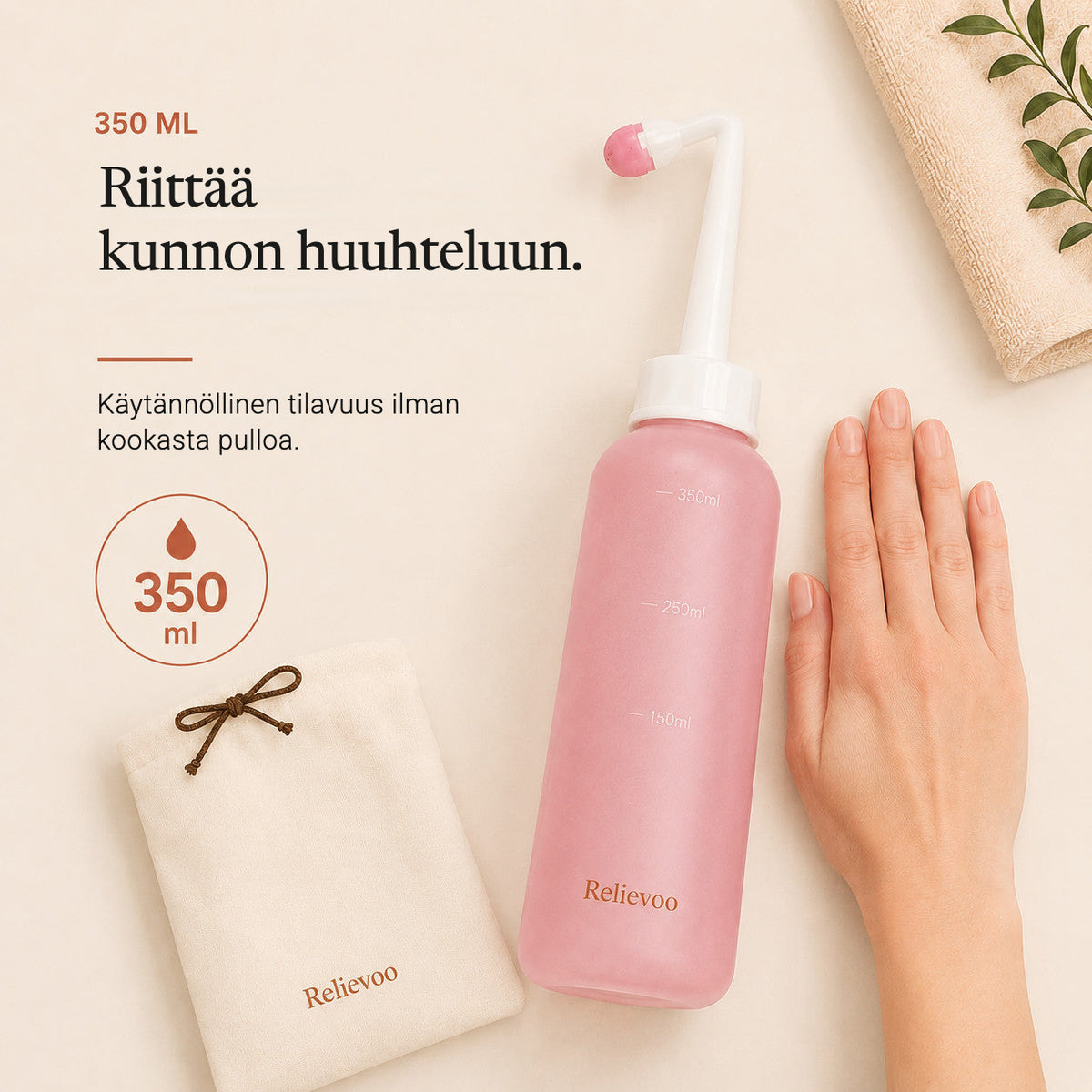 Relievoo peri bottle beside its folded travel pouch with a hand for scale, 350 ml rvpumpen rvhasar