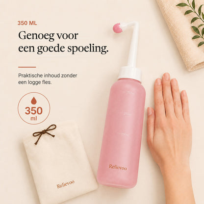 Relievoo peri bottle beside its folded travel pouch with a hand for scale, 350 ml rvpumpen rvhasar