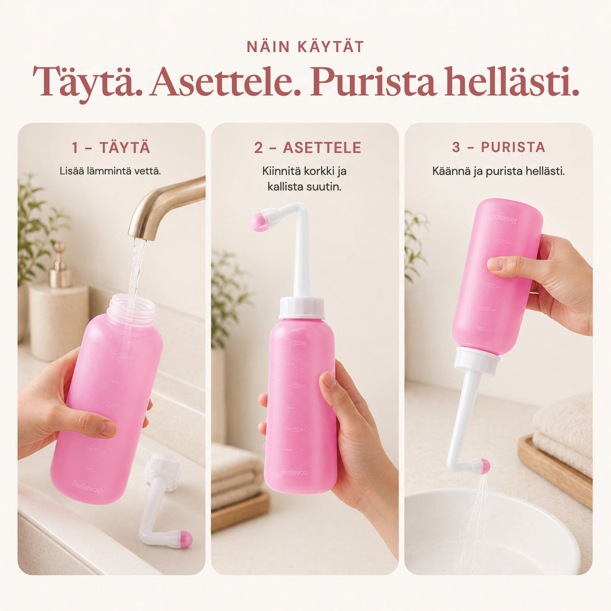 Three steps to use the Relievoo peri bottle: fill with warm water, secure the top and angle the nozzle, invert and squeeze rvpumpen rvhasar