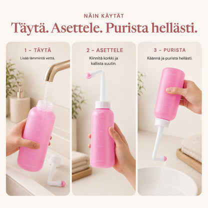Three steps to use the Relievoo peri bottle: fill with warm water, secure the top and angle the nozzle, invert and squeeze rvpumpen rvhasar