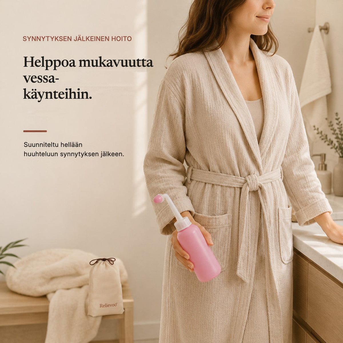 Woman in a bathrobe holding the Relievoo peri bottle in a bathroom, travel pouch on the bench rvpumpen rvhasar