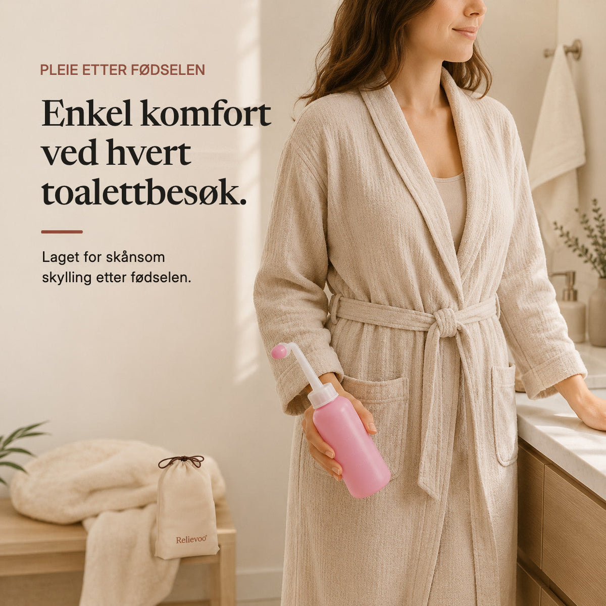 Woman in a bathrobe holding the Relievoo peri bottle in a bathroom, travel pouch on the bench rvpumpen rvhasar