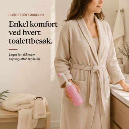 Woman in a bathrobe holding the Relievoo peri bottle in a bathroom, travel pouch on the bench rvpumpen rvhasar