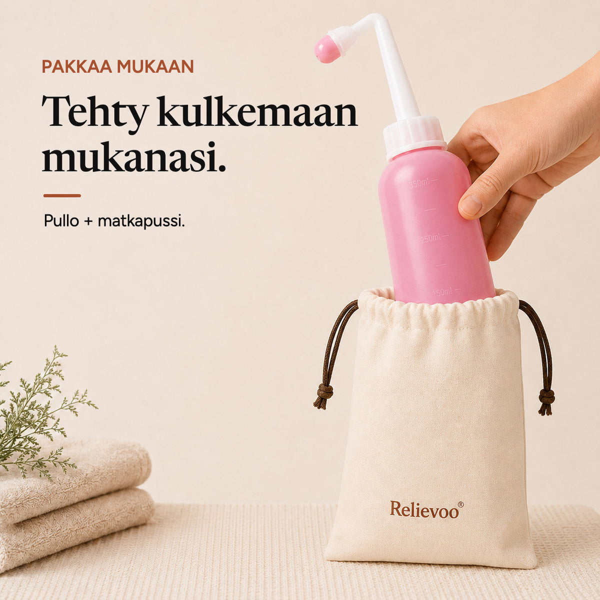 Relievoo peri bottle being placed into its cotton drawstring travel pouch beside folded towels rvpumpen rvhasar