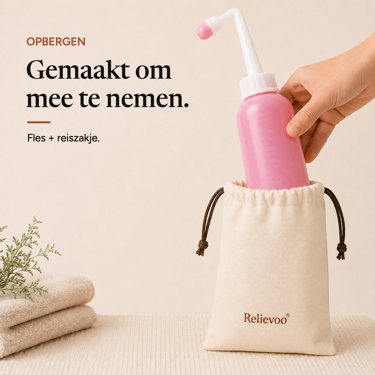 Relievoo peri bottle being placed into its cotton drawstring travel pouch beside folded towels rvpumpen rvhasar